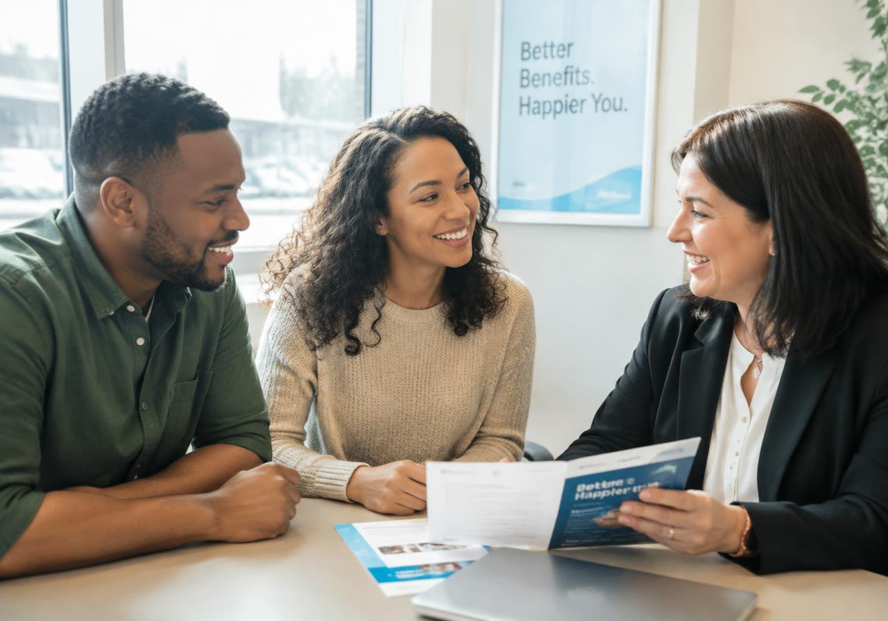 Benefits advisor meeting with two employees
