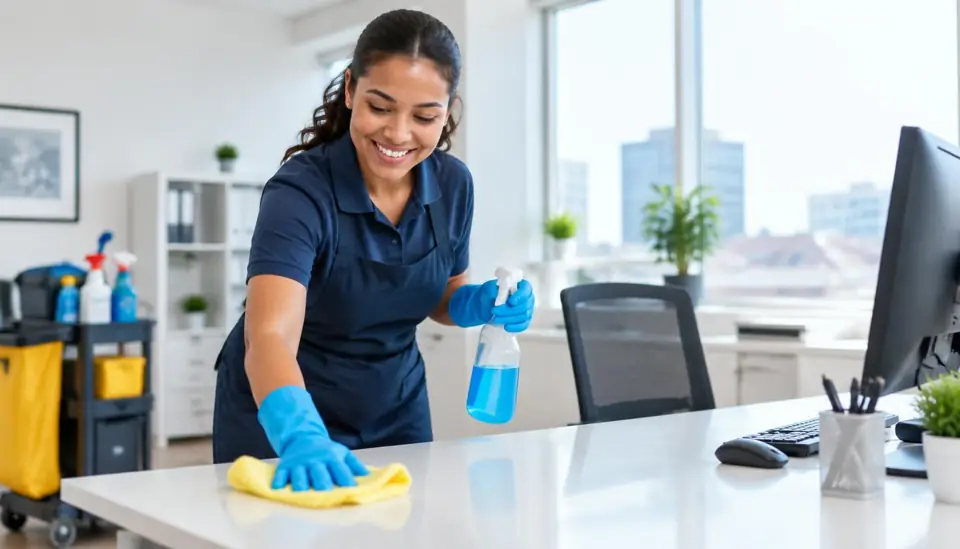 Professional cleaner holding folded towels next to cleaning supplies