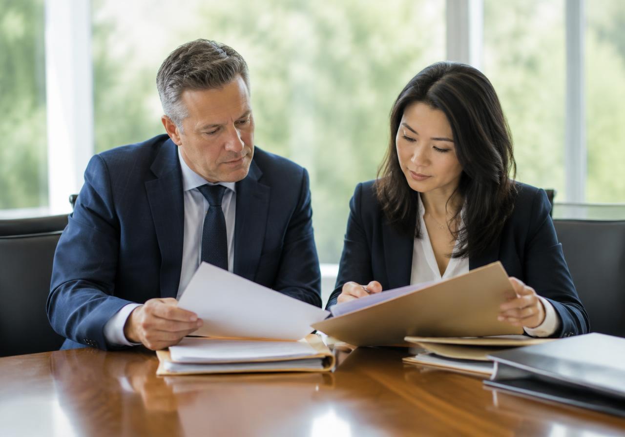 Two professionals reviewing compliance documents