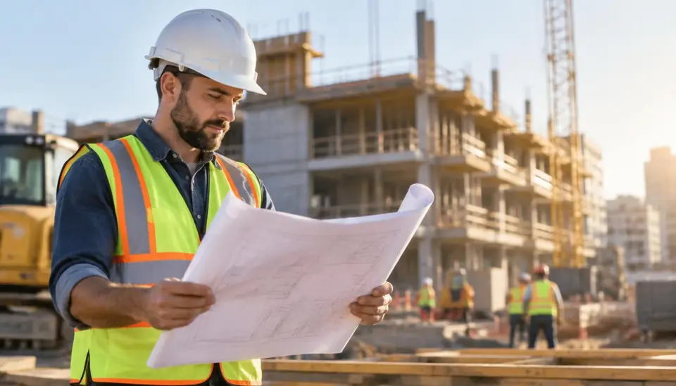 Construction worker repairing heavy equipment at a job site