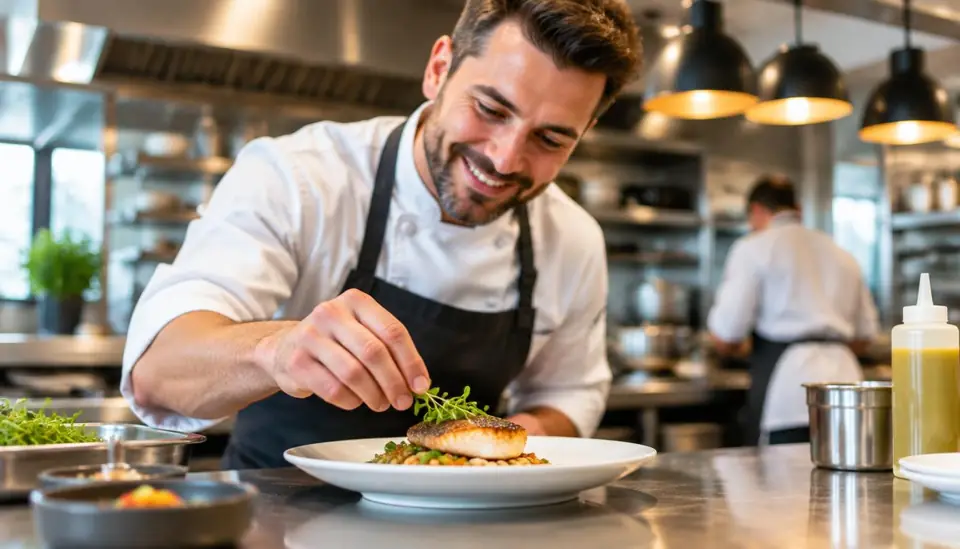 Cooks preparing food in a busy restaurant kitchen
