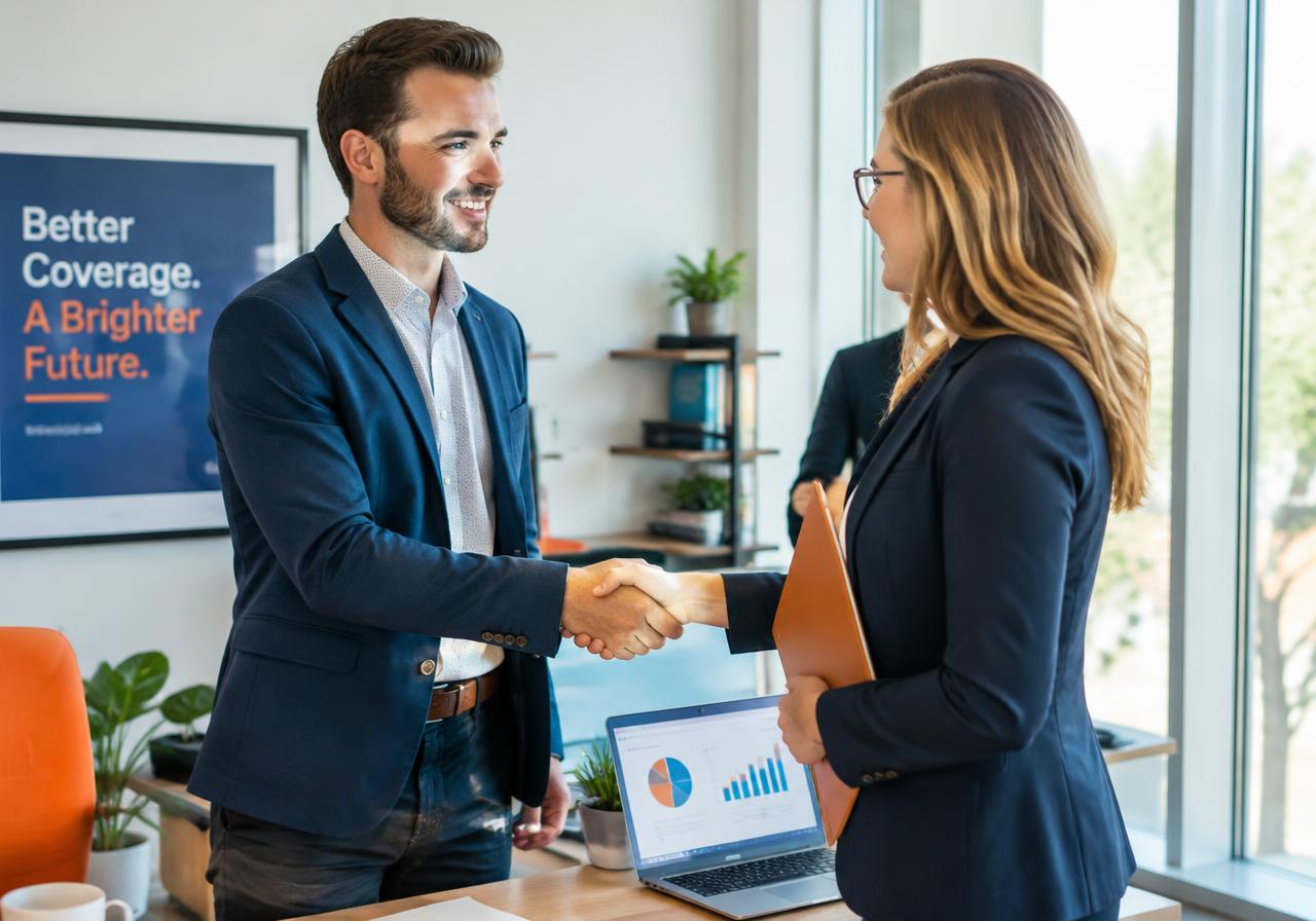 Two insurance professionals shaking hands in a bright office