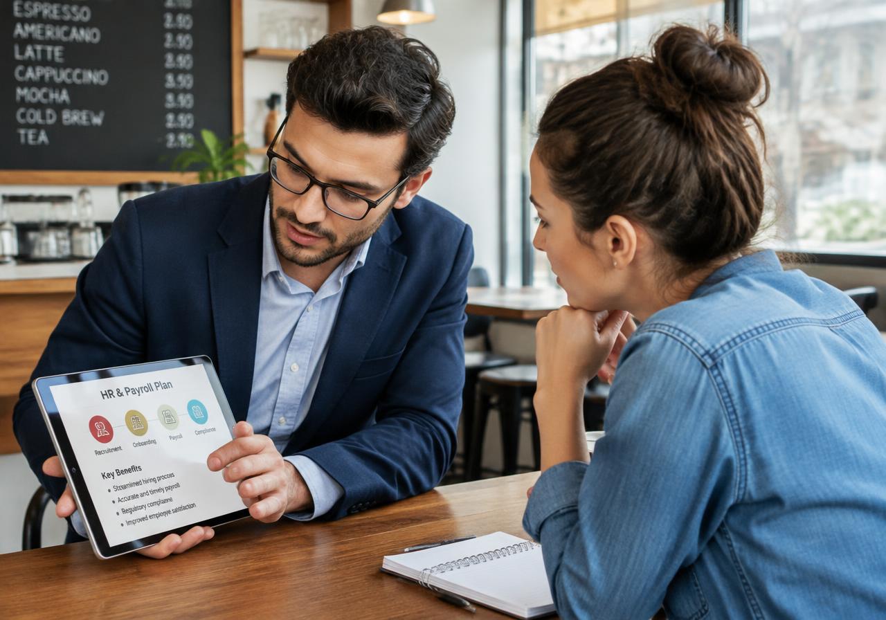 Consultant presenting an HR and payroll plan on a tablet to a business owner