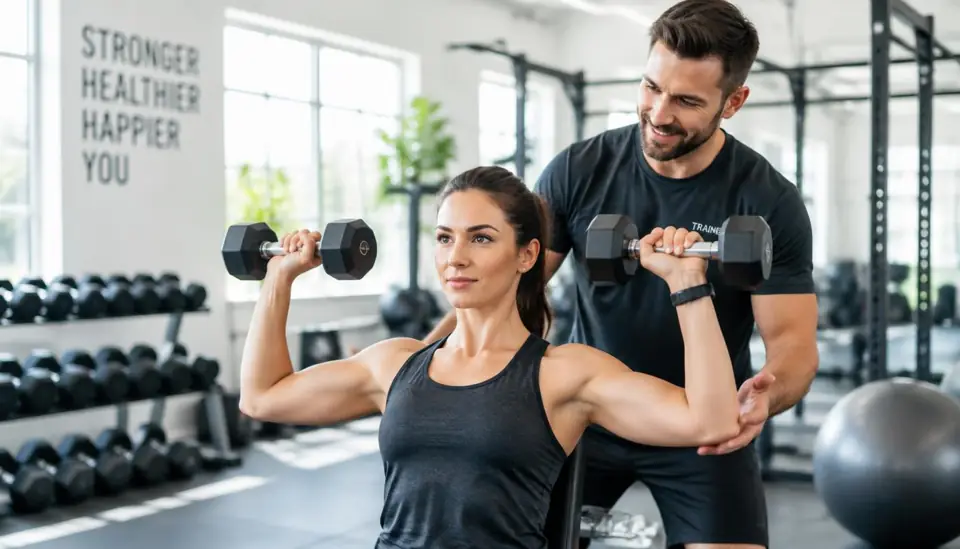 Personal trainer spotting a client during a gym workout