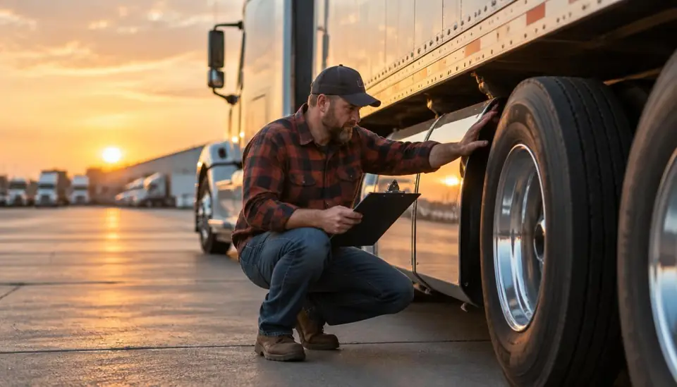 Truck driver inspecting a semi-truck tire at a logistics yard