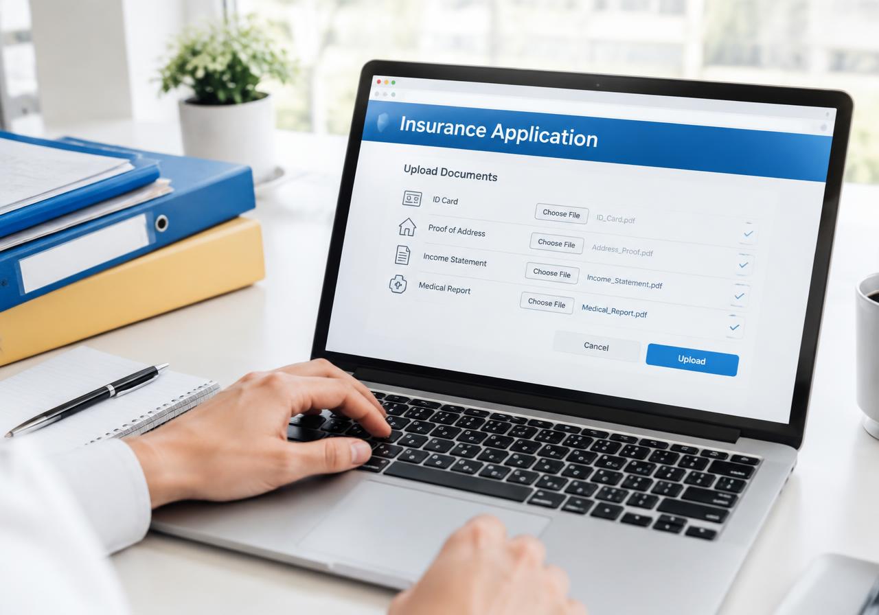 Person uploading insurance application documents on a laptop